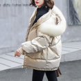 thumbnail image 4 of Jinhomg Trendy Winter Jacket for Women Plus Size Casual Faux Fur Trim Hooded Puffer Coat Warm Cozy Long Sleeve Double Closure Outerwear with Pockets Summer Saving Beige L, 4 of 10