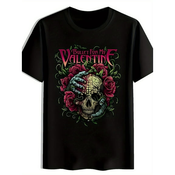 Men'S Bullet for My Valentine Graphic T-Shirt - Black Short Sleeve Crew Neck Tee with Skull & Roses Design, Casual Summer Rock Music Shirt, Everyday Clothing, Music Fan Apparel, Durable Print Quality