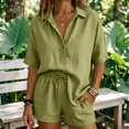 thumbnail image 2 of Linen Lounge Short Sets for Women Summer Two Piece Shorts and Short Sleeve Top Matching Sets Casual Beach Outfits Army Green XXL, 2 of 7