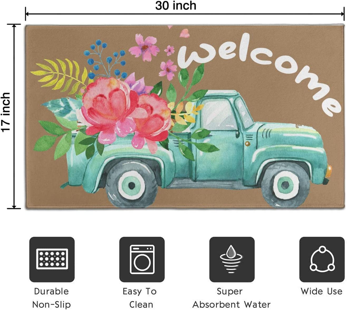 Truck Flower Spring Doormat Non-Slip Absorbent Resist Dirt Front Door Mat Machine Washable Welcome Mats Outdoor Inside Floor Rugs for Entryway 30" X 17"