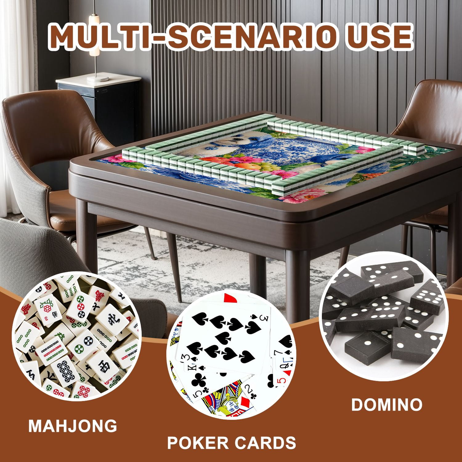Mahjong Mat 31.5" x 31.5" Blue White Ceramic Dog Statues Floral Peach Details Vibrant Garden Non-Slip Noise Reduction American Mahjong Tiles Table Cover for Dominoes Poker Card Board Games Gift