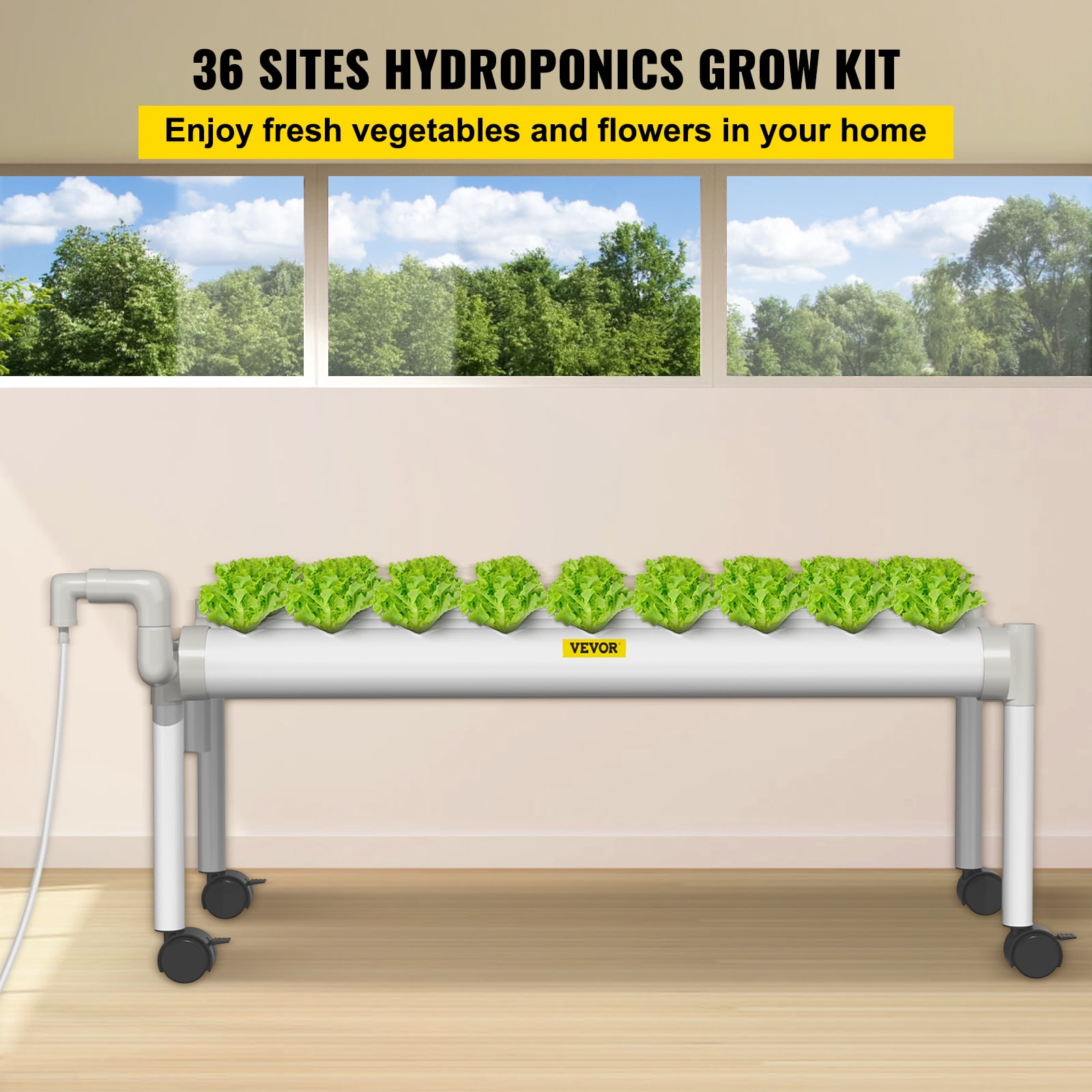 VEVOR Hydroponic Site Grow Kit 1 Layer 36 Plant Sites, 4 PVC Pipes Hydroponic Indoor Plant Growing System, Food-Grade Pipe Plant Grow Kit with Water Pump and Timer