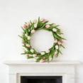 thumbnail image 3 of Easter Decor Artificial Tulips Pink White Blossoms Wreath Green Foliage Round Wreath Hanging for Door Wall Spring Season Home Decor, 3 of 6