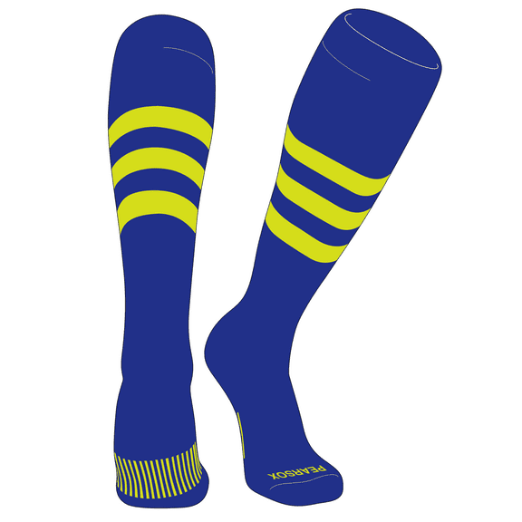 PEAR SOX Striped OTC Baseball, Softball, Football Socks (A) Royal, Neon Yellow (XS)