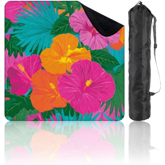 Mahjong Mat for Table with Carry Bag 31.5x31.5 Inch – Colorful Hibiscus Flower Tropical Leaf Non-Slip Noise-Reducing Game Mat for Mahjong, Poker, Dominoes & Board Games