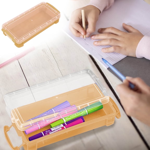 Ouuluon Pencil Case 1 Pack Clear Plastic Pencil Box, Beige Stackable Translucent Organizer Case with Snap Lid for School Office Daily Use