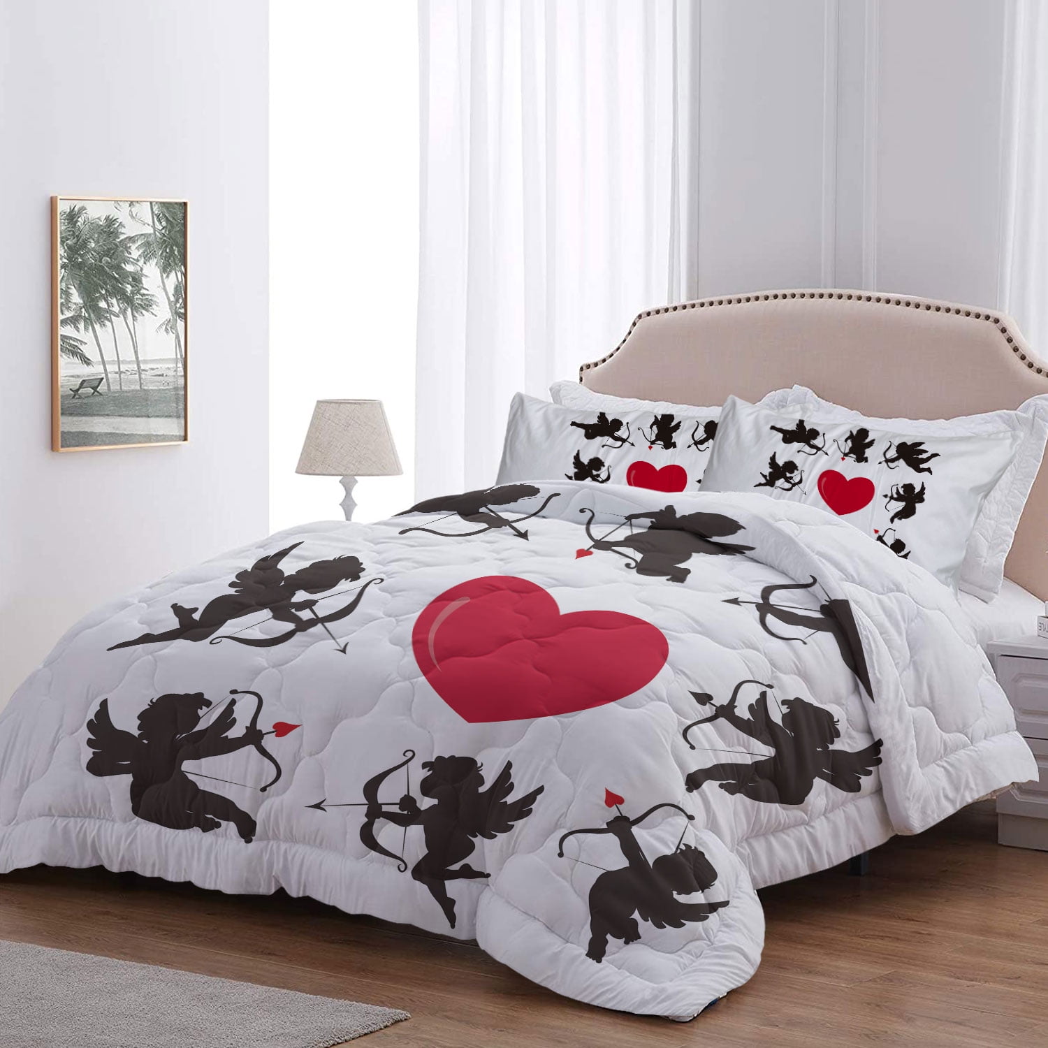 BlessLiving Cupid Love Comforter Set, 3Piece Microfiber White