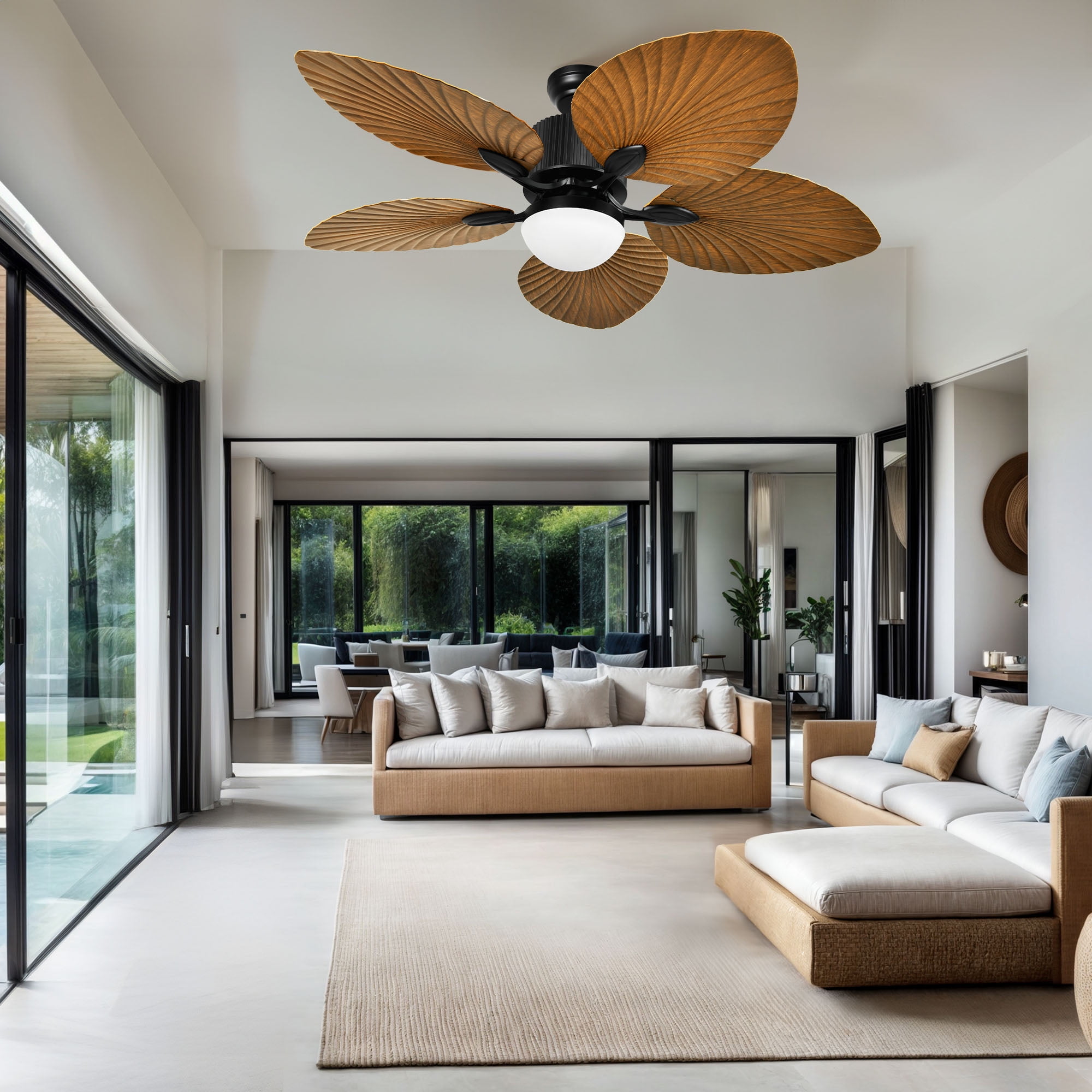 Uforic 52" Tropical Ceiling Fans with LED Light and Remote,Alexa,3 Ways Control,5 Palm Leaf blades Ceiling Fan - Brown