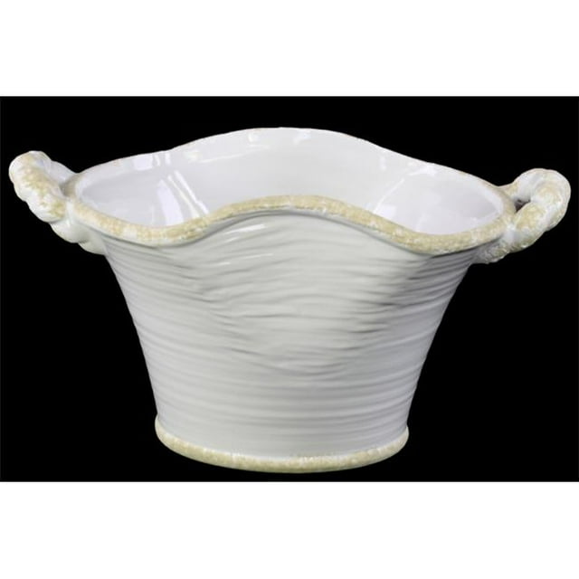 Urban Trends Collection 31808 Ceramic Stadium Shaped Tapered Tuscan Pot with Handles - Distressed Gloss White, Large