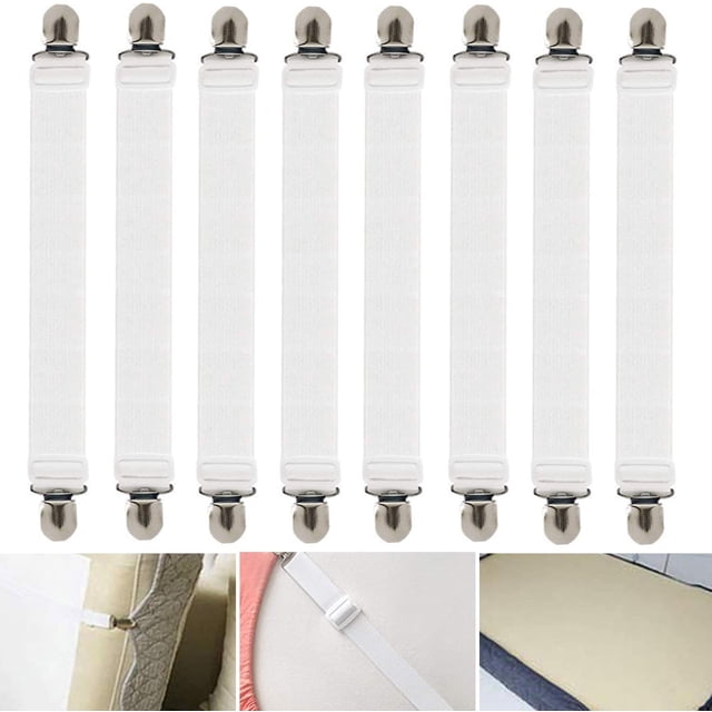 Tensores de sábanas ajustables, 8 piezas tensores de sábanas elásticos, tensores de sábanas blancos, tensores de sábanas con clips de metal, para sábanas, colchones, tablas de planchar o