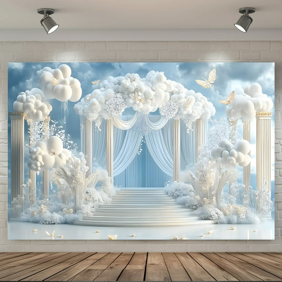 White Cloud Arch Wedding Romantic White and Golden Butterfly Floral Bridal Shower Photography Background Blue Curtain Ceremony  Bride to Be Engagement Party Decorations Banner Photo Booth Props