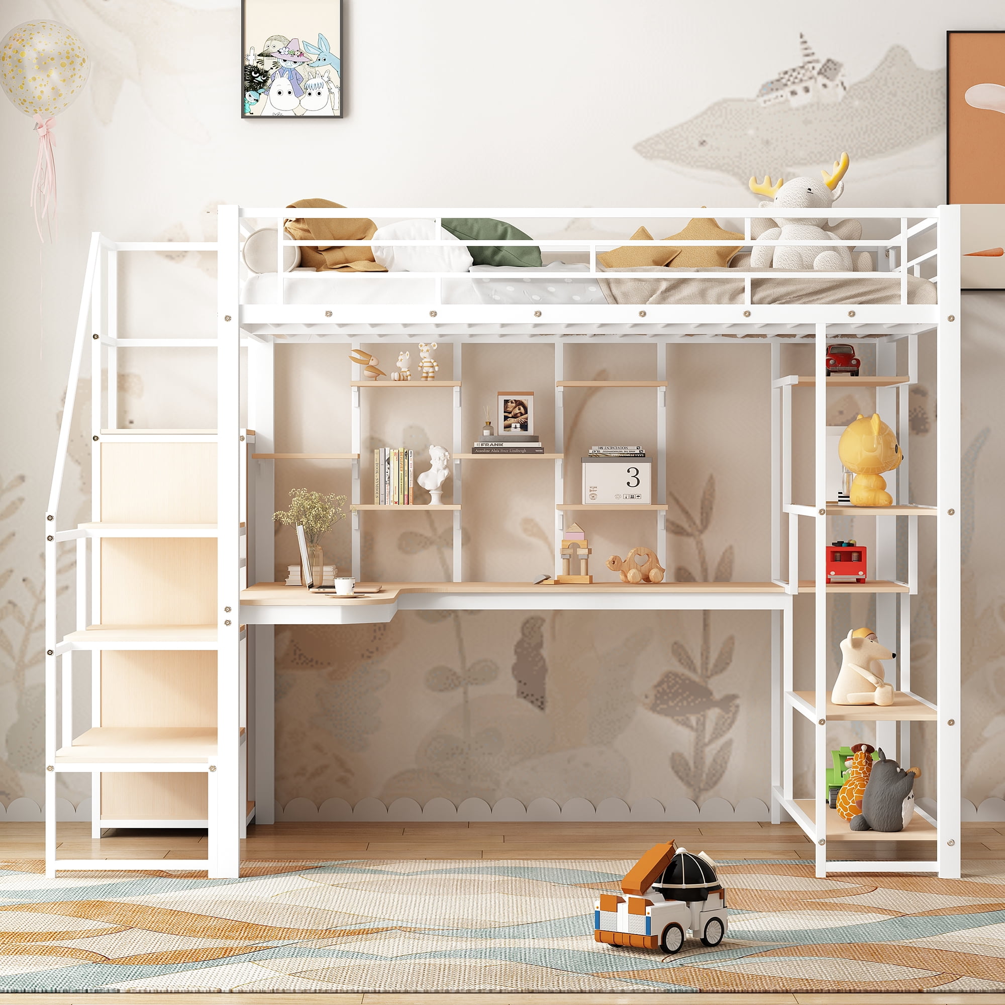 Euroco Modern Metal Full Size Loft Bed with Wardrobe, Desk and Storage Shelves for Kids Teens, White