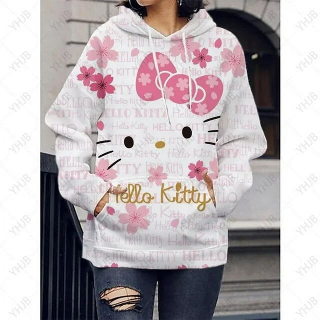 2023 Nouveau Hello Kitty Impression 3D Chandails à Capuchon pour Femmes Chandails Décontractés pour Femmes Chandail à Capuchon à Manches Longues Chandail à Enfiler pour Femme Hoody Chandails