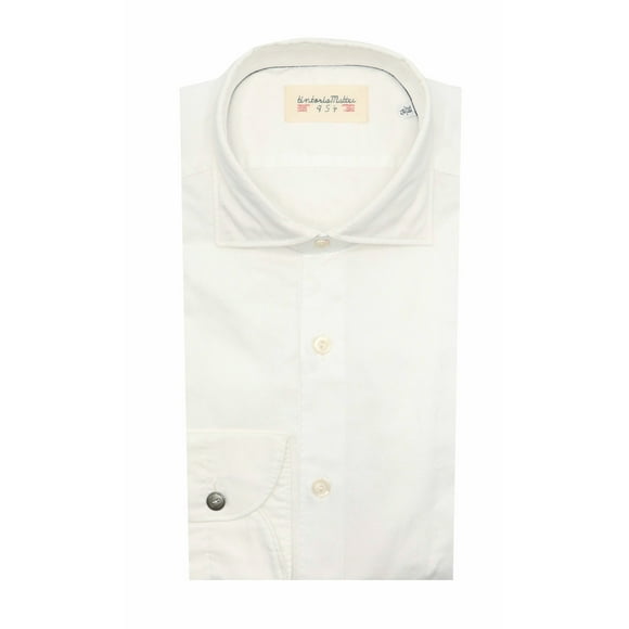 Tintoria Mattei 954 Men's White / Blue Cotton Dress Shirt With Side Ribbon Stripe Casual Button-Down - L