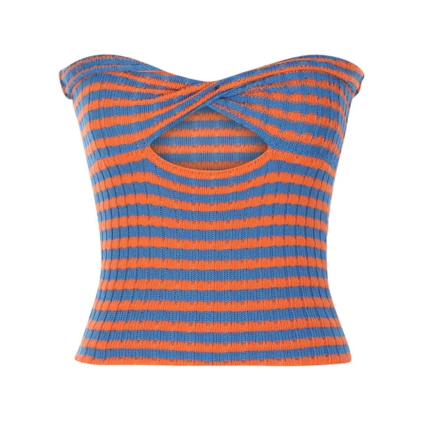 Camiseta Recortada Bandeau Para Mujer, Envoltura de Pecho A Rayas, Erógena, Sin Tirantes, Sin Mangas, Cuello en V, Hermoso Chaleco Tejido en La Espalda, Tops de Tubo Calados Odeerbi ODB127525