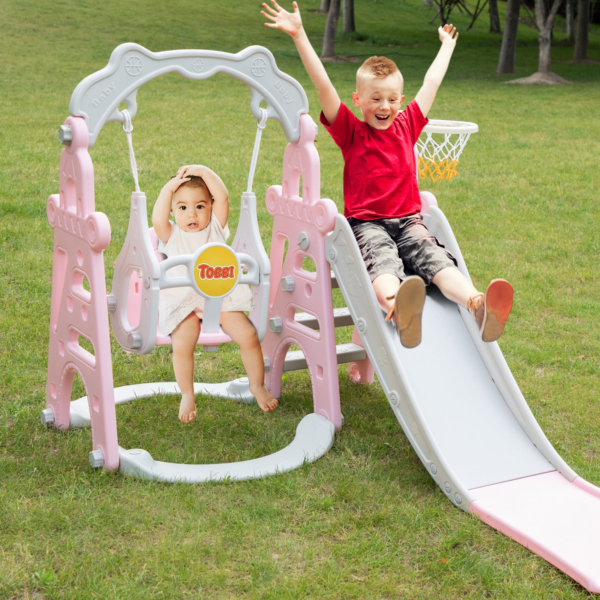 Toddler Playground Swing Slide Set Backyard Indoor W/Basket Kit Fun Kids Playset 