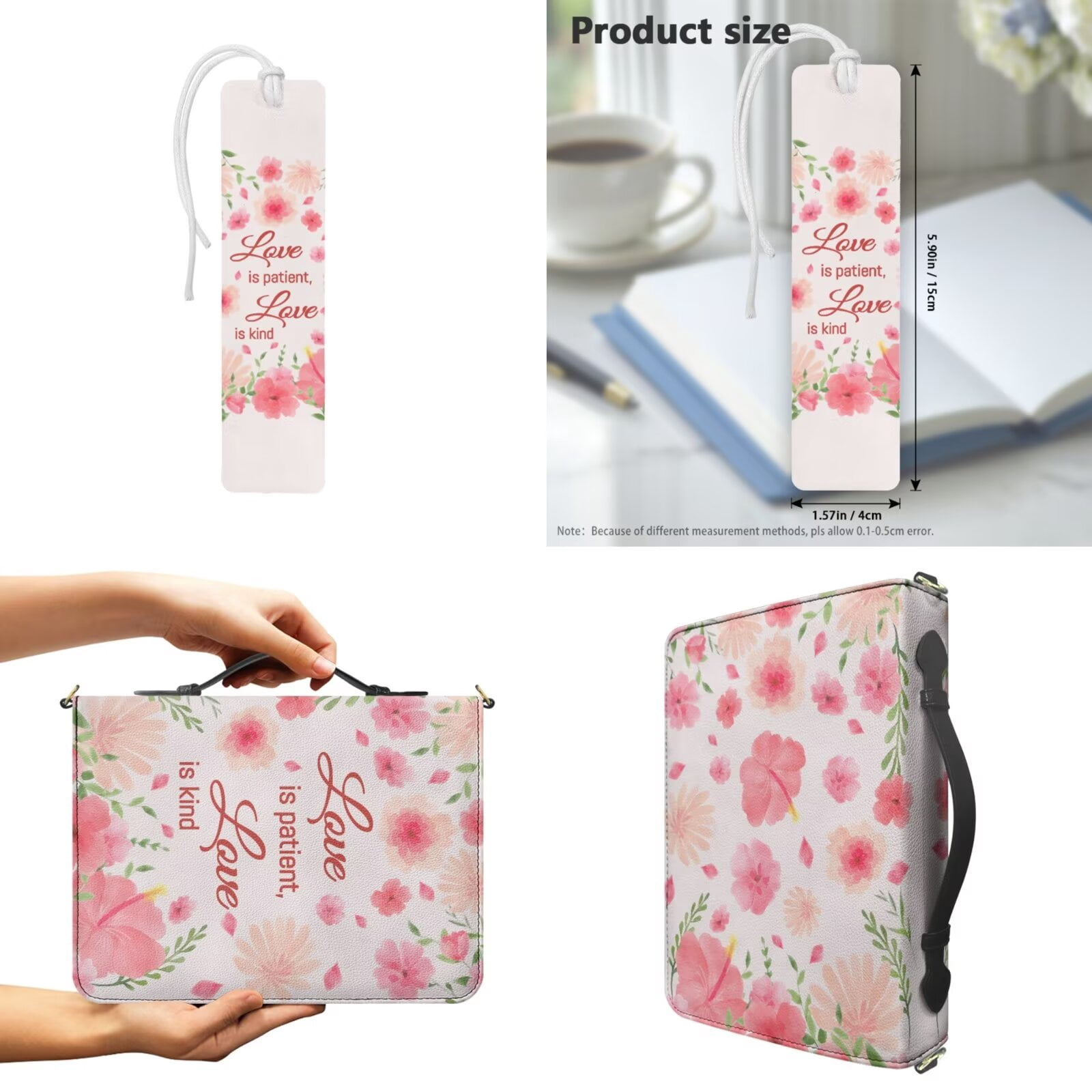 Kuiaobaty Floral Print Bible Cover Case for Women Leather Church Bag Scripture Case with Shoulder Strap Portable Mens Christian Study Accessories with Bookmark for Church, Pink