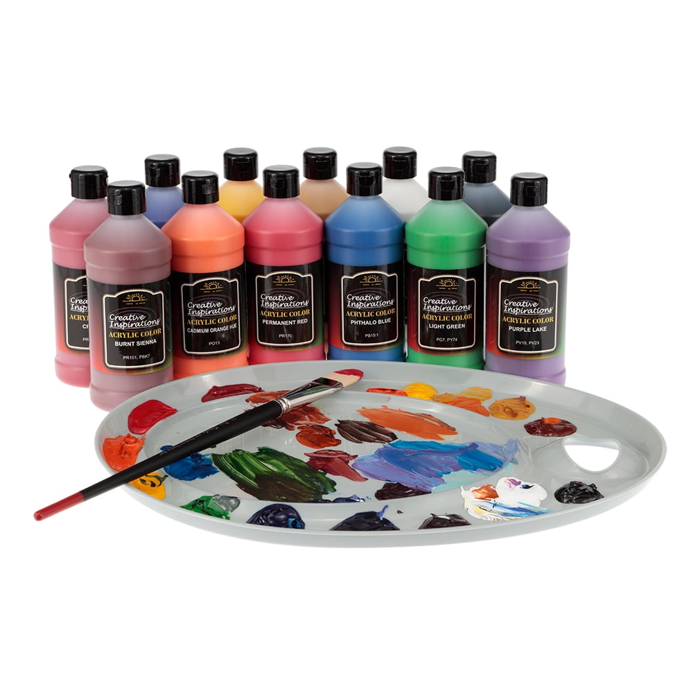 Creative Inspirations Artist Acrylic Paint Set for Canvas - 12 Mixed Vivid Colors, Rich Satin Finish for Painting, Arts and Crafts - 16 Ounce Bottles