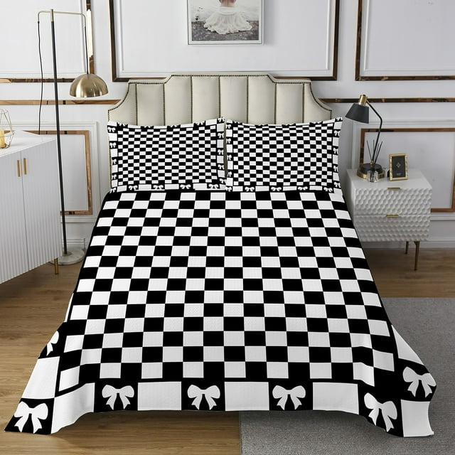 Erosebridal Checkered Coverlet Set Twin, Square Geometry Bedding Set, Princess Bowknot Bedspread Sets Twin Size, Microfiber Room Decor, 2-Piece