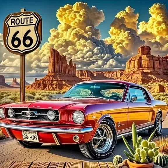 CYFW Car 5D Diamond Painting Kits for Adults Beginners, Diamond Art Kit for Route 66 Vintage Car,Diy Full Round Drill Diamond Gem Art and Crafts Home Wall Decor 13.8 X 13.8”