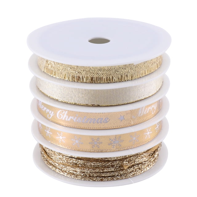5 Rolls of 25m Length Christmas Printed Ribbon Holiday Gift Decorative Band Ribbon for Wrapping DIY Crafts(Golden)