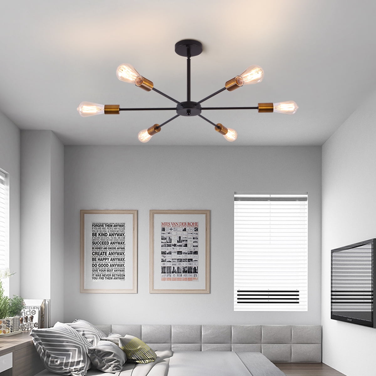Garwarm Sputnik Chandeliers 6-Light Modern Ceiling Light Fixture Industrial Metal E26 Hanging Pendant Lamp for Farmhouse Kitchen Living Room Lighting