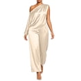 thumbnail image 2 of LEKWK Two Piece Sets for Women Dressy Satin One Shoulder Short Sleeve Top and High Waist Wide Leg Pants Summer Vacation Wedding Guest Outfits, 2 of 6