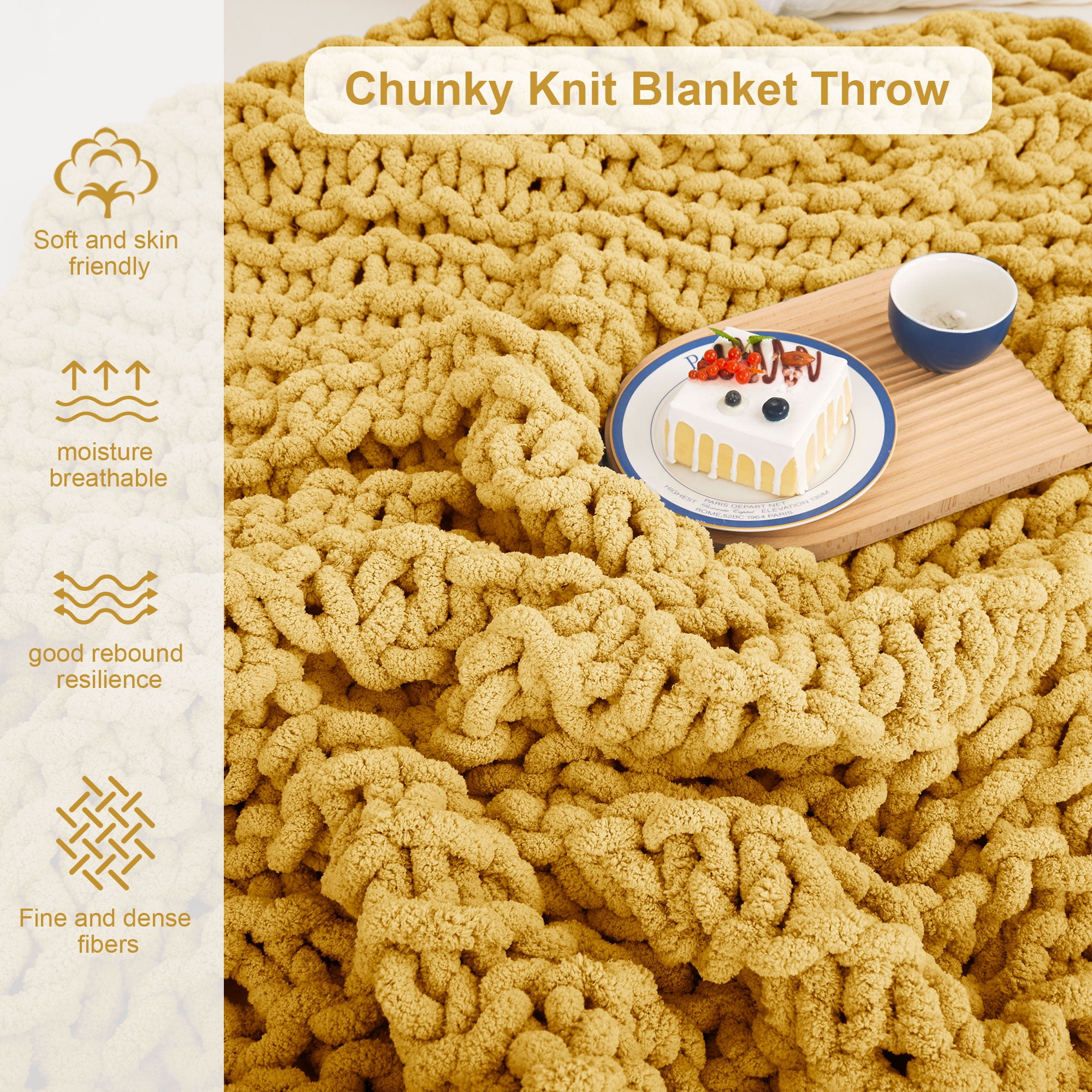 Viviland Chunky Knit Throw 30"x40" Mustard Yellow Soft Washable Chenille 100% Handmade Crochet for Couch Bed Sofa Home Decor