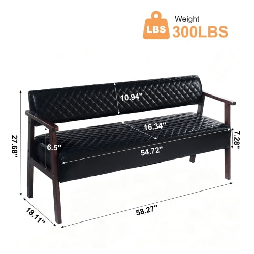58.27" Diamond Quilted PU Faux Leather Waiting Bench with Wood Armrests, Upholstered Reception Bench for Salon Lobby Office, Black