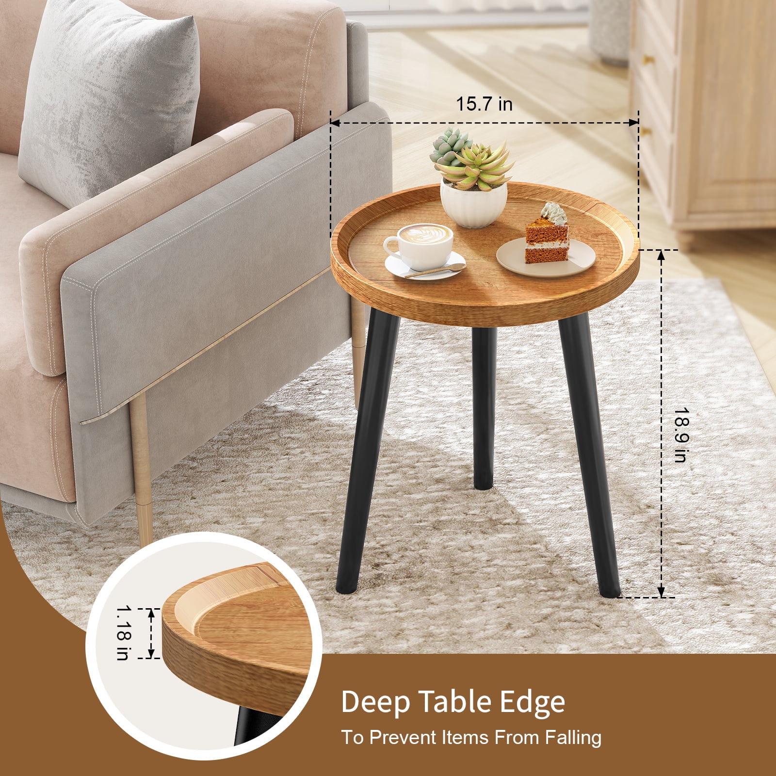 Krpimt Wood Round side Table, 16''D x 19''H End Table for Living Room Bedroom , Easy Assembly Small Table, Natural