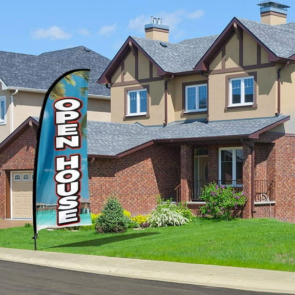 QSUM Open House Feather Flag with Flag Pole Kit and Ground Spike, 7Ft Tall Advertising Windless Open House Flag Sign for Outdoor Indoor Business