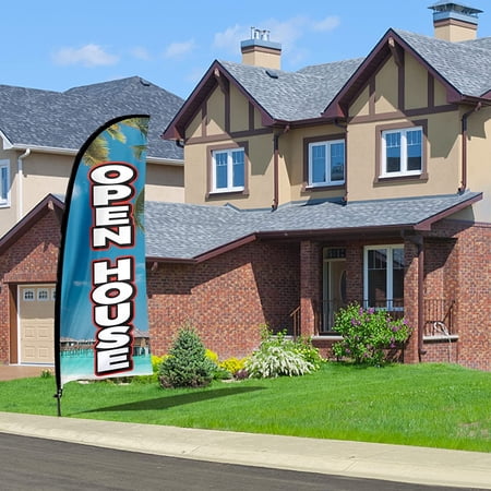 QSUM Open House Feather Flag with Flag Pole Kit and Ground Spike 7Ft Tall Advertising Windless Open House Flag Sign for Outdoor Indoor Business