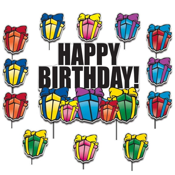 Happy Birthday Greetings with Presents Yard Decoration 13pcs Includes Stakes