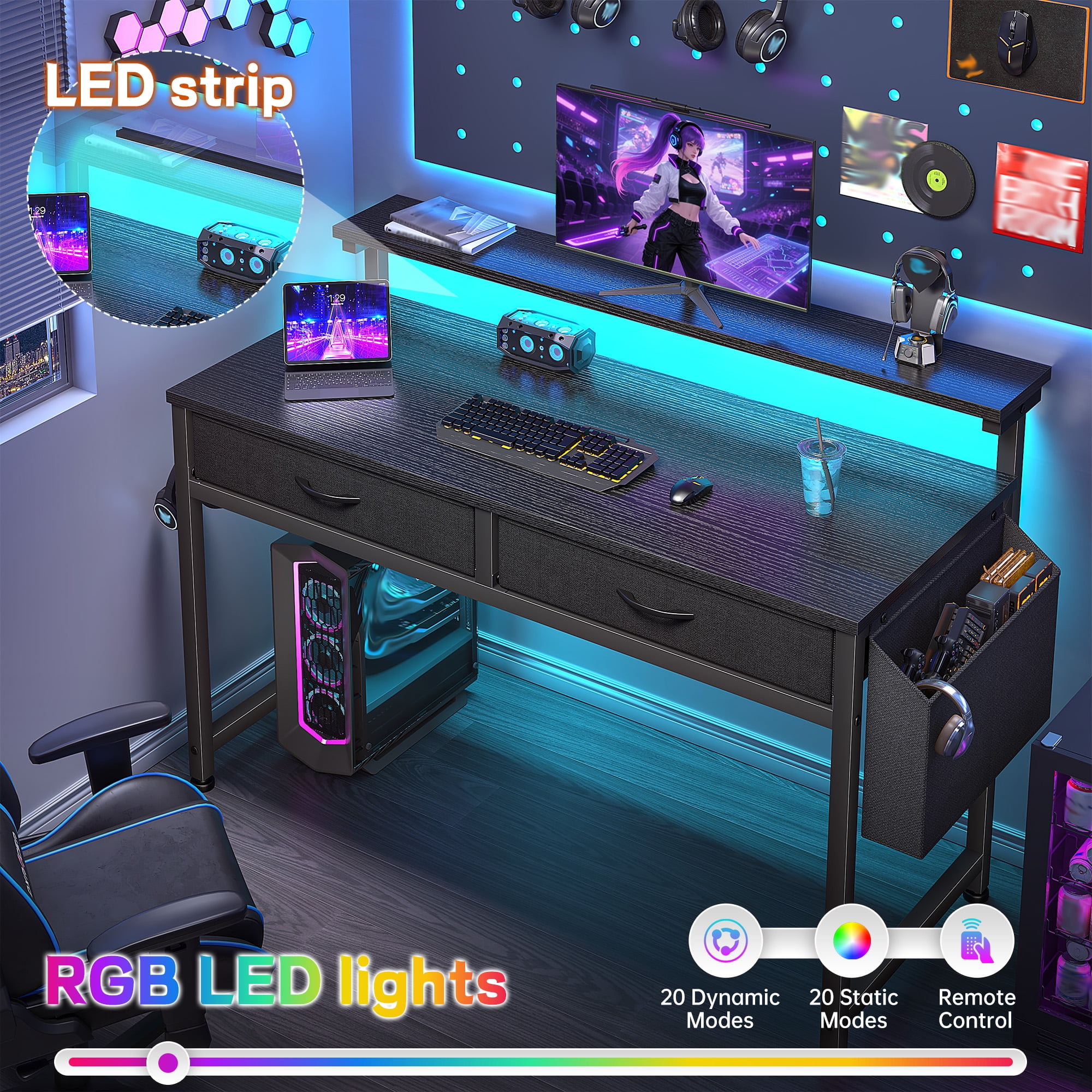 Romorgniz 37.8" H Computer Desk with LED Lights Small Desk with 2 Fabric Drawers & Side Pocket, Ergonomic Study Desk with Monitor Stand for Home Office, Gaming, Small Spaces, Black