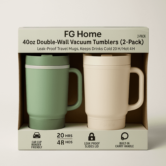 FG Home 40oz Double-Wall Vacuum Tumblers (2-Pack) – Leak-Proof Travel Mugs, Keeps Drinks Cold 20H/Hot 4H