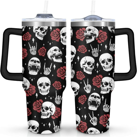 40 oz Double Wall Insulated Stainless Steel Tumbler with Handle - Skull & Rose Design, Leak-Proof, with Straw, Keeps Drinks Hot Cold
