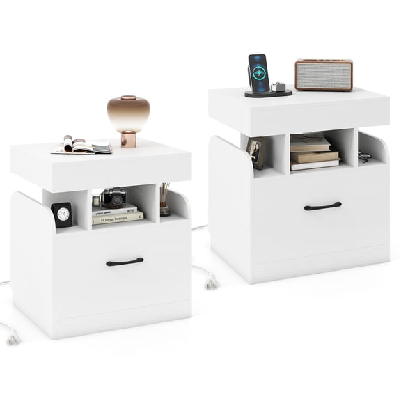 Gymax 2PCS Nightstand w/Charging Station Drawer Sliding Top Storage Tray Open Shelves White