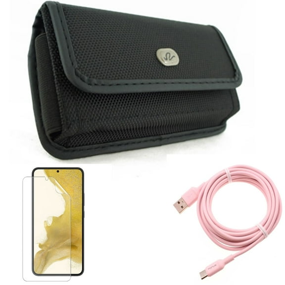 Case Belt Clip & Matte Screen Protector & 10ft Long USB-C Cable for Samsung Galaxy S22 (6.1") - Rugged Holster & TPU Film Anti-Glare & Pink Charger Cord Accessory Bundle
