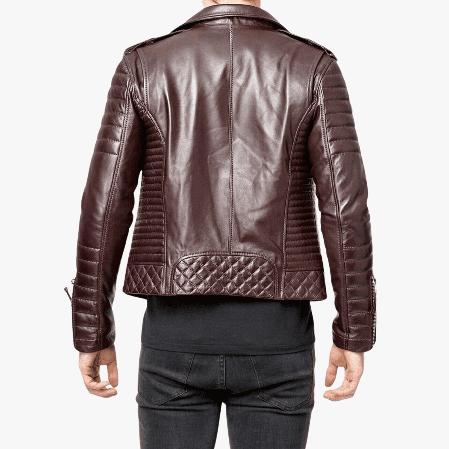 Real 100% Lambskin Dark Brown Leather Jacket Mens Quilted Cafe Racer Biker Stylish Jacket