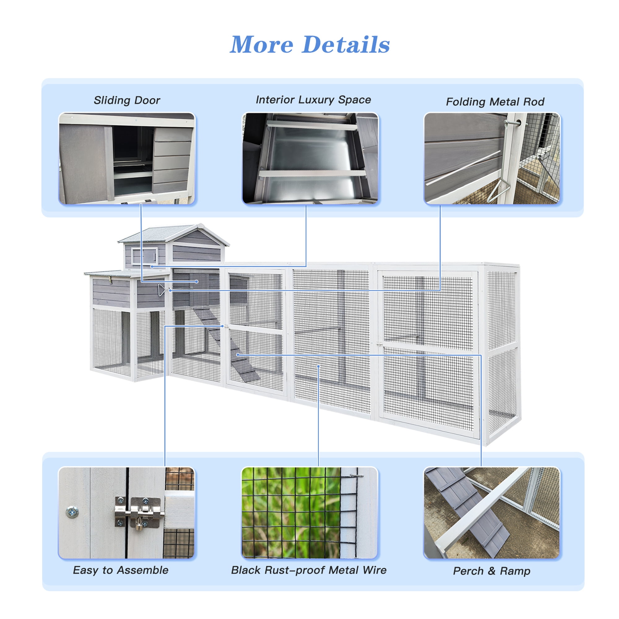 Aukfa 150" Extra Large Chicken Coop Wooden 2 Tier Chicken Run Cage with 4 Nesting Boxes, Waterproof Roof for Outdoor, Backyard, Gray