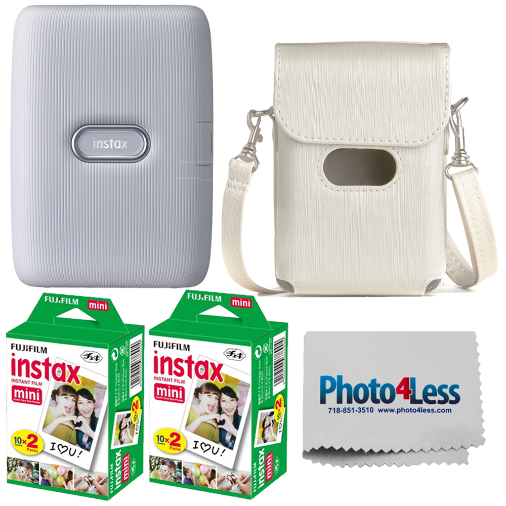 Fujifilm Instax Mini Link Smartphone Printer (Ash White) - 16640773 + Fujifilm Instax Mini Twin Pack Instant Film (16437396) + Caiul Instax Mini Link Protective Case- White + Cleaning Cloth - image 1 of 8