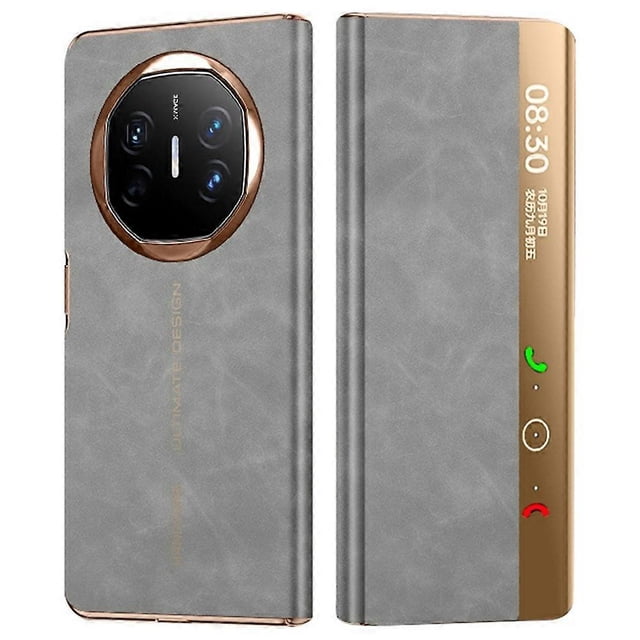For Huawei Mate X6 Case Leather Protective Cover with Smart Window Auto Wake Up - Coffee Brown