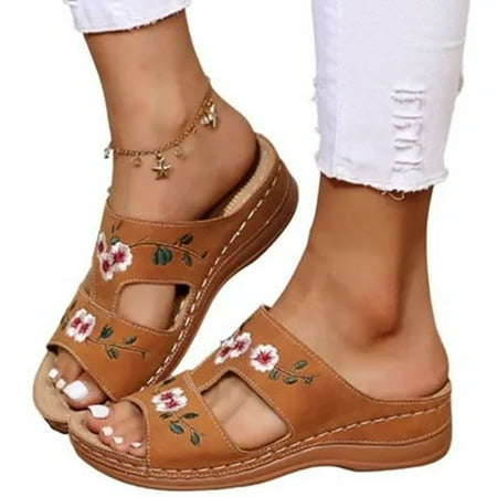 

Leather Sandals Women Dressy Summer 2023 Peep Toe Platform Sandals Shoes Beach Wedges Ladies Flip Flops Orthopedic Sandals