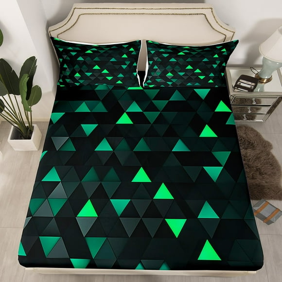 Erosebridal Green Triangle Fitted Sheet Set Queen,Neon Triangle Fitted Sheet Queen,Green Black,3pcs(No Top Sheet)