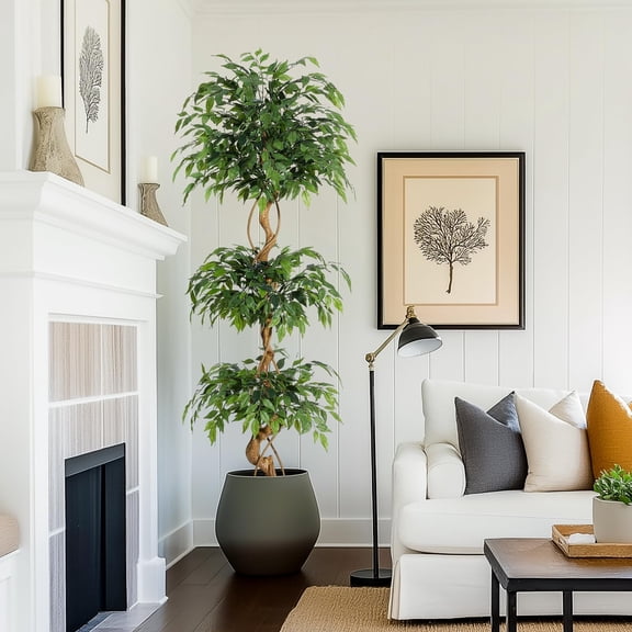 EcoSummer 6FT Artificial Ficus Tree with Curved Trunk & Silk Leaves – Faux Indoor Plant in White Pot with Dried Moss, No-Maintenance Fake Tree for Home, Living Room, Office Décor