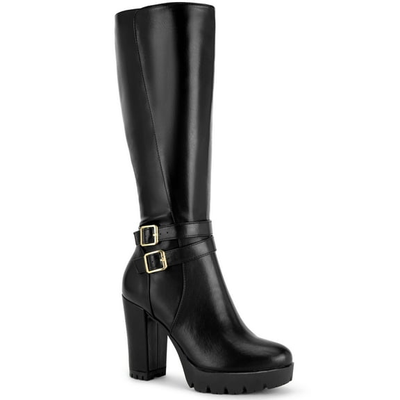 BLISSFUL STEP Women's Ankle Boots Faux Leather Knee High Buckle Chunky Heel Zip Up Boots Black 6