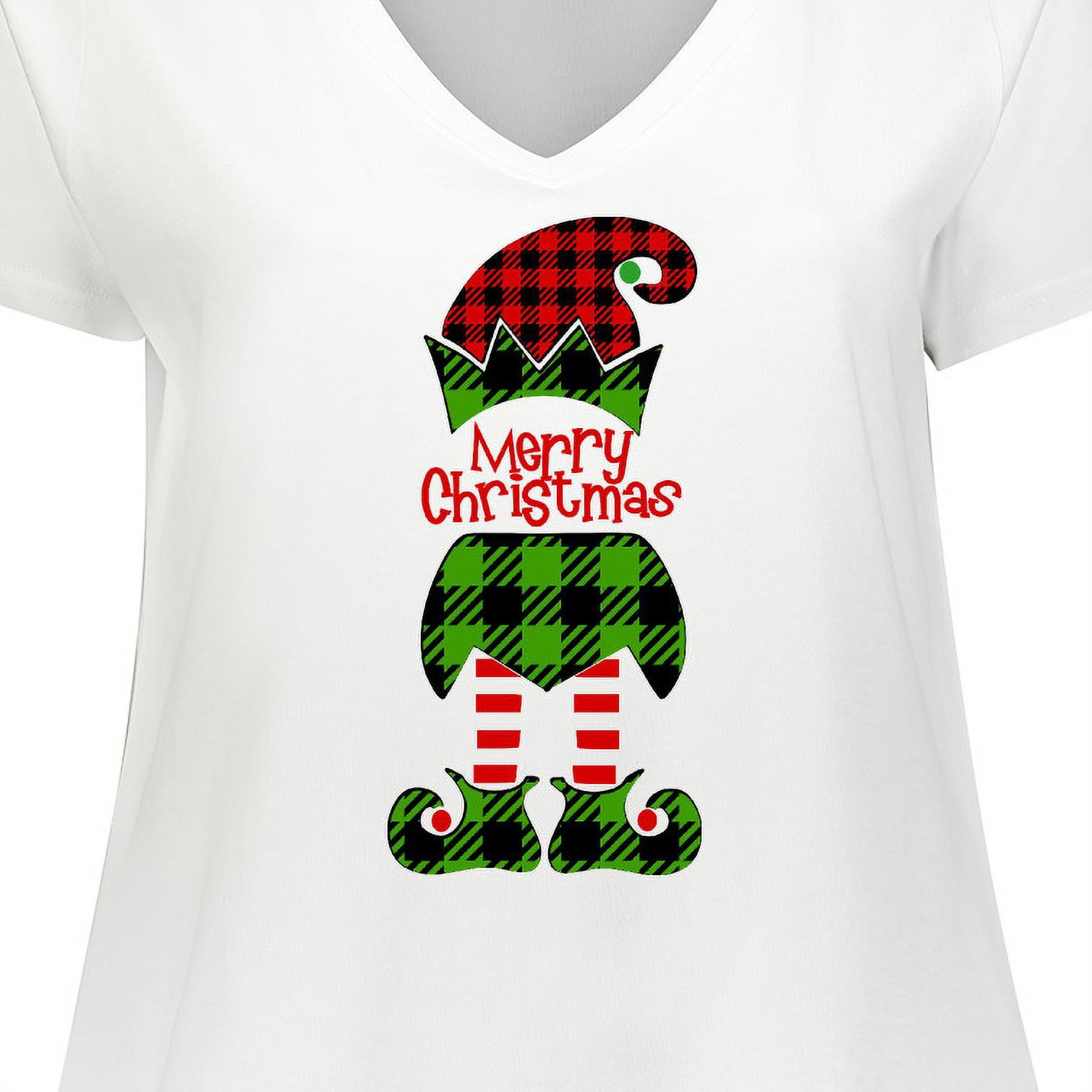 Inktastic Merry Christmas Elf in Red and Green Plaid Women's Plus Size V-Neck T-Shirt