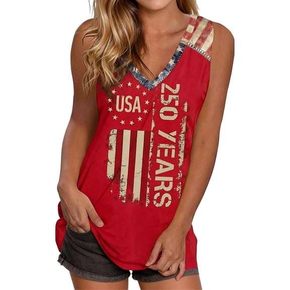 IDOCLOTHES 4th of July Tank Tops for Women Summer V Neck 250th Anniversary USA Shirt America 250 Years Patriotic Shirts for Women Tanks Sleeveless Tops Red, XXL