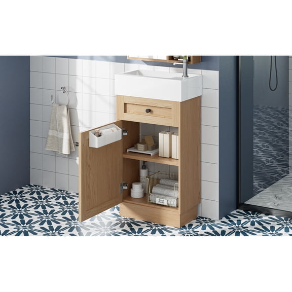 Rustic Bathroom Vanity with Reversible Resin Sink, Adjustable Shelf and Zinc Handles, 18.5" Wood Grain Melamine