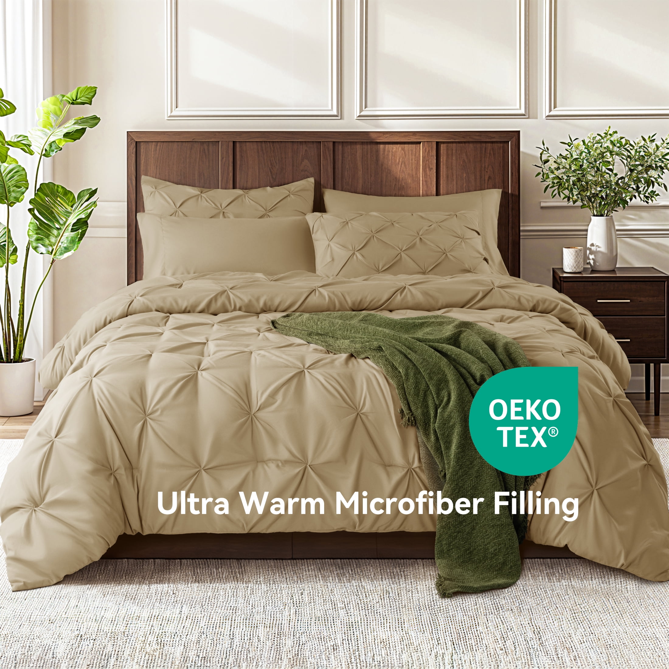 SONORO KATE King Comforter Set, 7 Pieces Bedding Sets for All Season, Bed in a Bag with Pleated Comforter - Flat Sheet & Fitted Sheet - Pillowcases & Shams, Beige